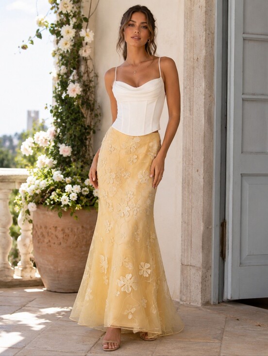 Shani Dresses & Skirts - Shani Cream Embroidered Mesh Maxi Skirt Size 4 Romantic Floral Mermaid Hem